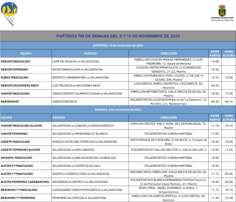 HORARIOS PARTIDOS DEL 9-10 DE NOVIEMBRE DE 2024