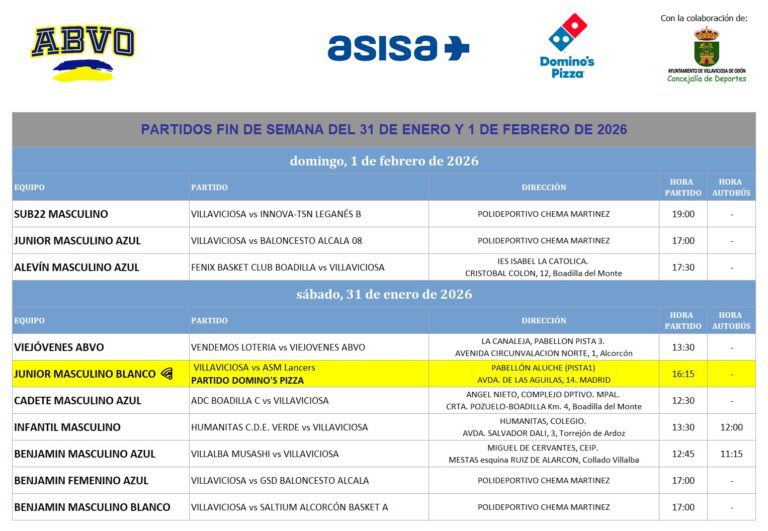 PARTIDOS FIN DE SEMANA DEL 31 DE ENERO Y 1 DE FEBRERO DE 2026